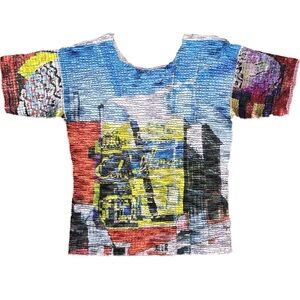 Vintage C’EST DUO The Wonder Tee Artsy Multi Color Crinkle Stretch Top Size M